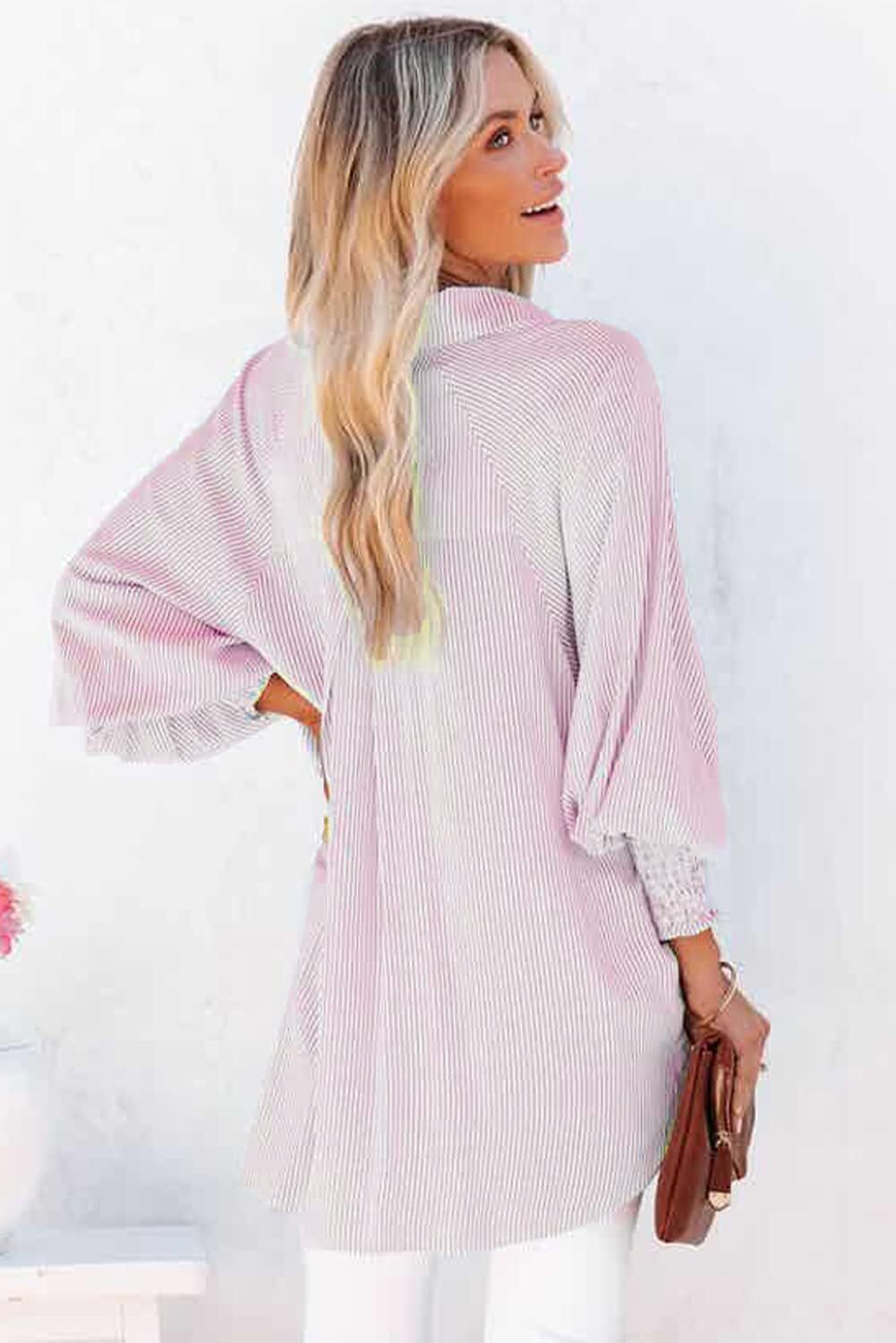 Women's Smocked Cuffed Striped Boyfriend Shirt with Pocket Casual Collar Long Sleeve Blouse Tops for Pocket Shirred.Clearance Items 2024