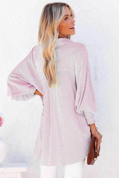 Women's Smocked Cuffed Striped Boyfriend Shirt with Pocket Casual Collar Long Sleeve Blouse Tops for Pocket Shirred.Clearance Items 2024