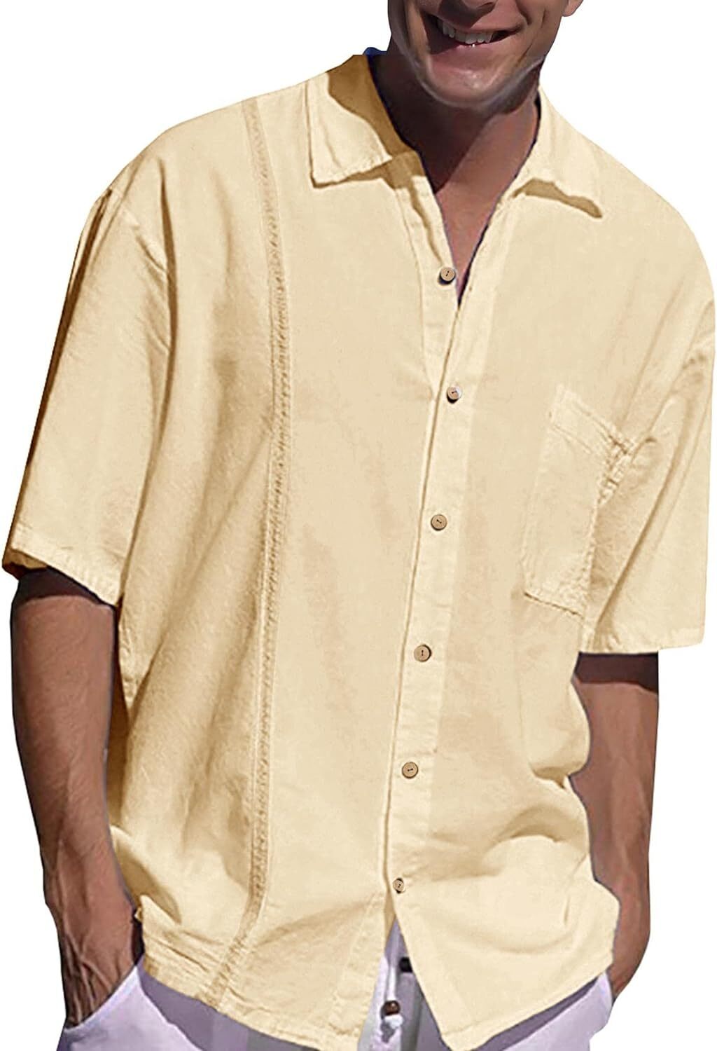 Mens Beach Linen Shirts Short Sleeve Cuban Button Down Casual Summer T Shirt Guayabera Hawaiian Tee Loose Fit Tops(💖Buy two, free shipping)