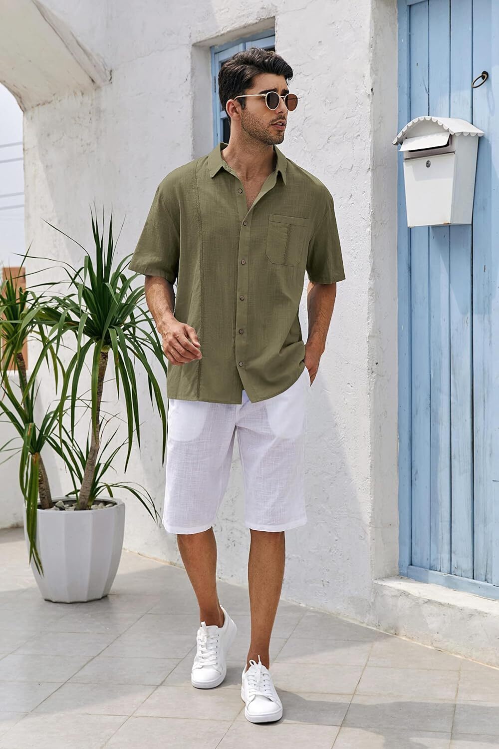 Mens Beach Linen Shirts Short Sleeve Cuban Button Down Casual Summer T Shirt Guayabera Hawaiian Tee Loose Fit Tops(💖Buy two, free shipping)
