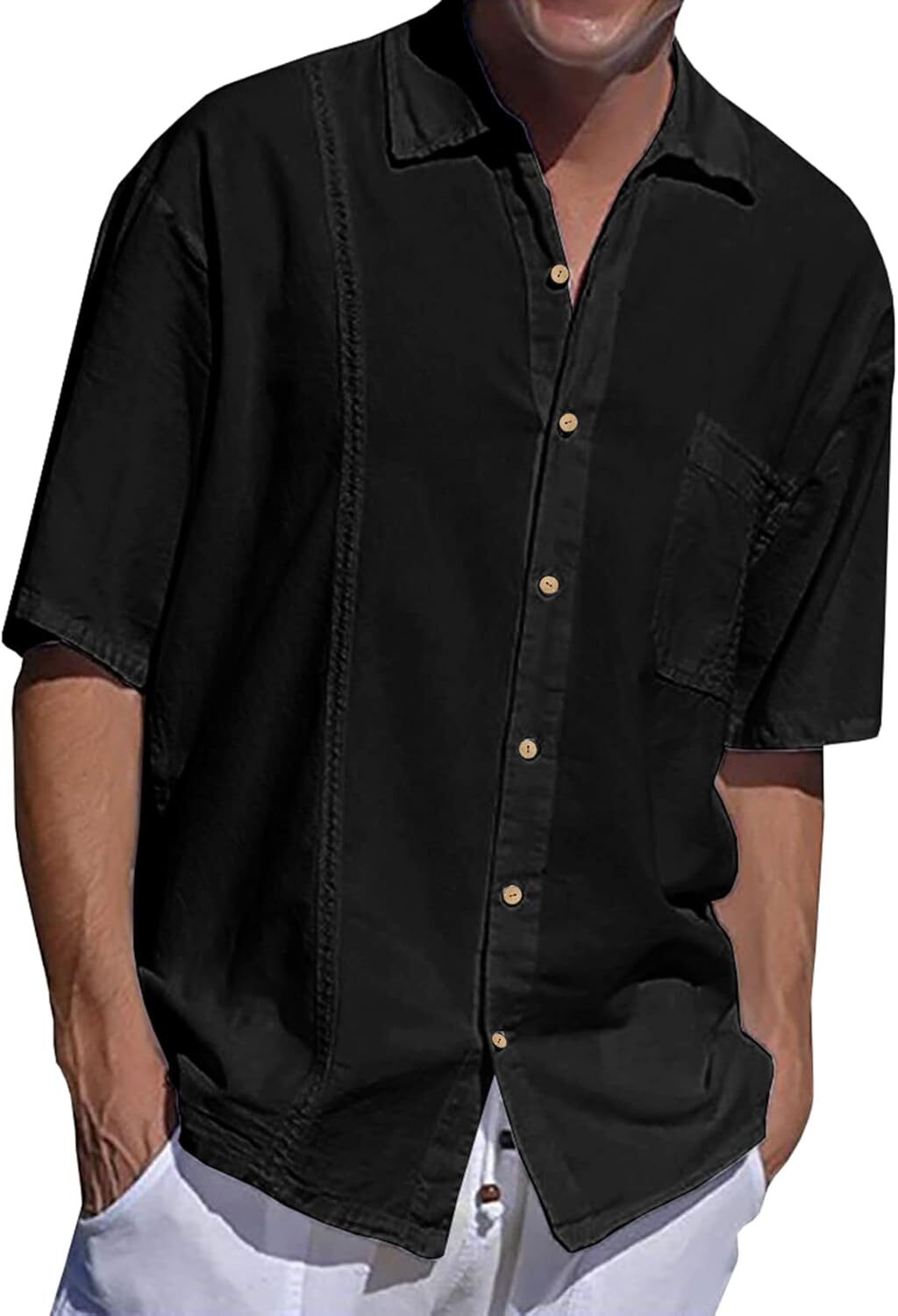 Mens Beach Linen Shirts Short Sleeve Cuban Button Down Casual Summer T Shirt Guayabera Hawaiian Tee Loose Fit Tops(💖Buy two, free shipping)