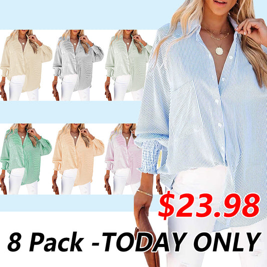 Women's Smocked Cuffed Striped Boyfriend Shirt with Pocket Casual Collar Long Sleeve Blouse Tops for Pocket Shirred.Clearance Items 2024