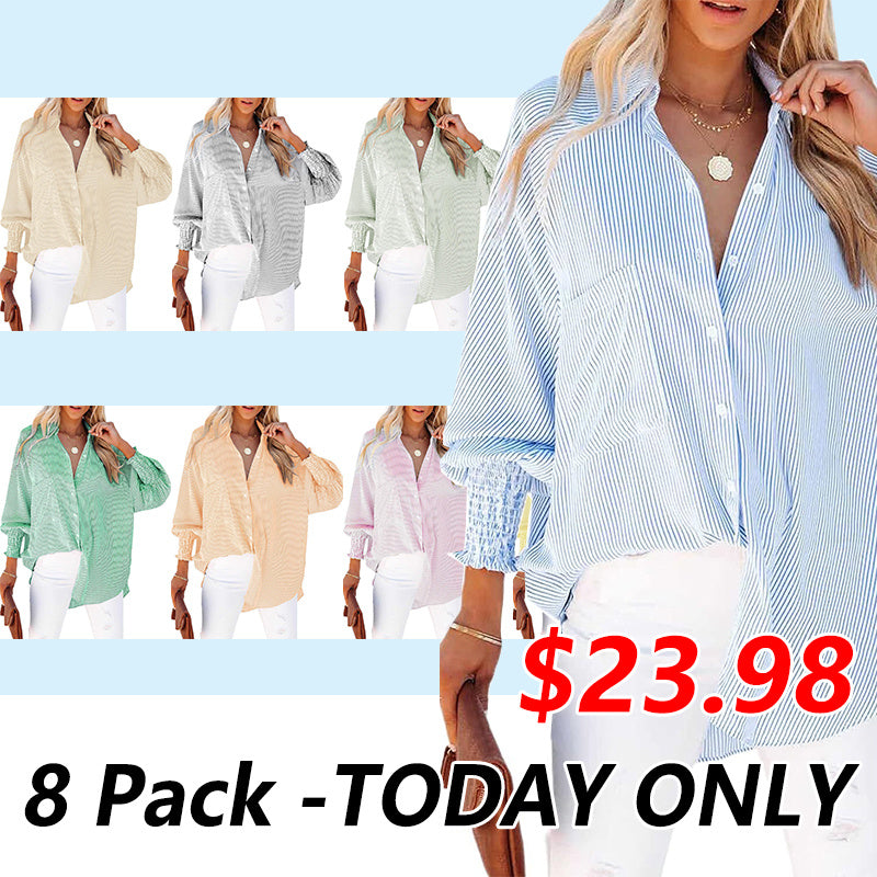 Women's Smocked Cuffed Striped Boyfriend Shirt with Pocket Casual Collar Long Sleeve Blouse Tops for Pocket Shirred.Clearance Items 2024