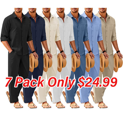 Men's 2 Piece Linen Sets Casual Long Sleeve Button Down Cuban Shirt and Loose Pants Set Beach Vacation Outfits