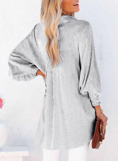 Women's Smocked Cuffed Striped Boyfriend Shirt with Pocket Casual Collar Long Sleeve Blouse Tops for Pocket Shirred.Clearance Items 2024