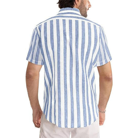 Casual Short Sleeve Button-Up Striped Cotton Shirts