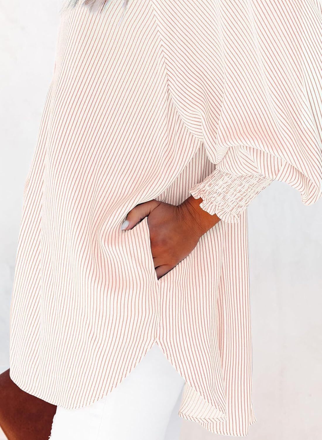 Women's Smocked Cuffed Striped Boyfriend Shirt with Pocket Casual Collar Long Sleeve Blouse Tops for Pocket Shirred.Clearance Items 2024