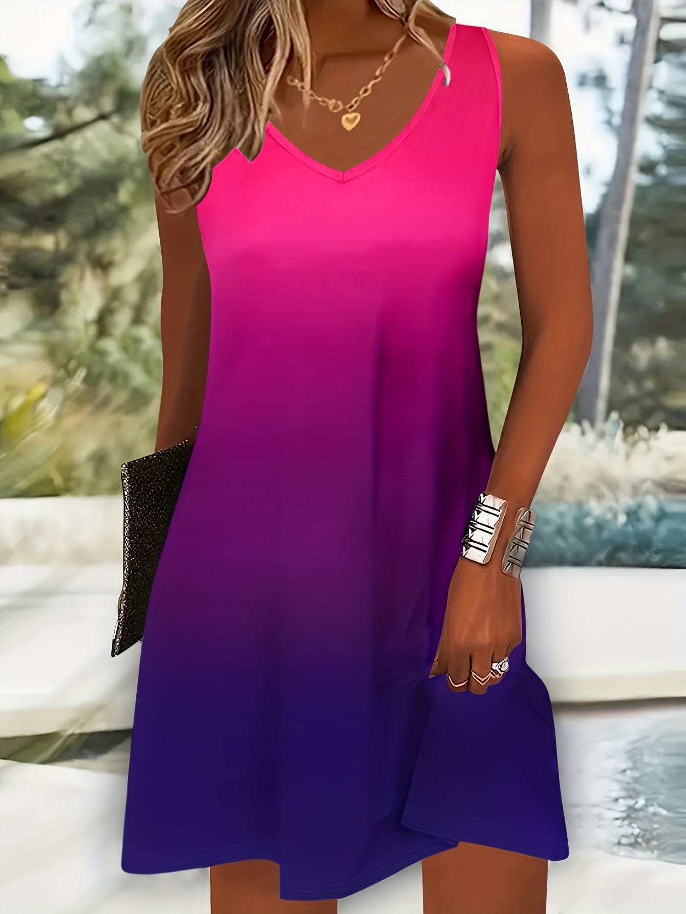 Vibrant Ombre V-Neck Tank Dress - Soft Micro Elastic Polyester Casual Summer Dress for Women