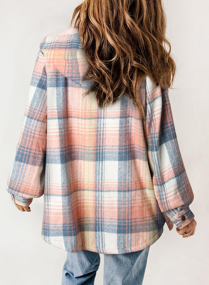 Women's Plaid Long Sleeve Button Fleece Hooded Jacket With Pockets