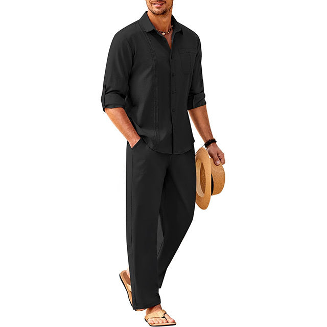 Men's 2 Piece Linen Sets Casual Long Sleeve Button Down Cuban Shirt and Loose Pants Set Beach Vacation Outfits