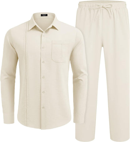 Men's 2 Piece Linen Sets Casual Long Sleeve Button Down Cuban Shirt and Loose Pants Set Beach Vacation Outfits