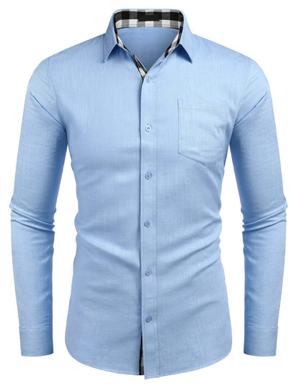 10-PARK Men's Cotton Aand Linen Simple Basic Plaid Pocket Classic Long-Sleeved Shirt