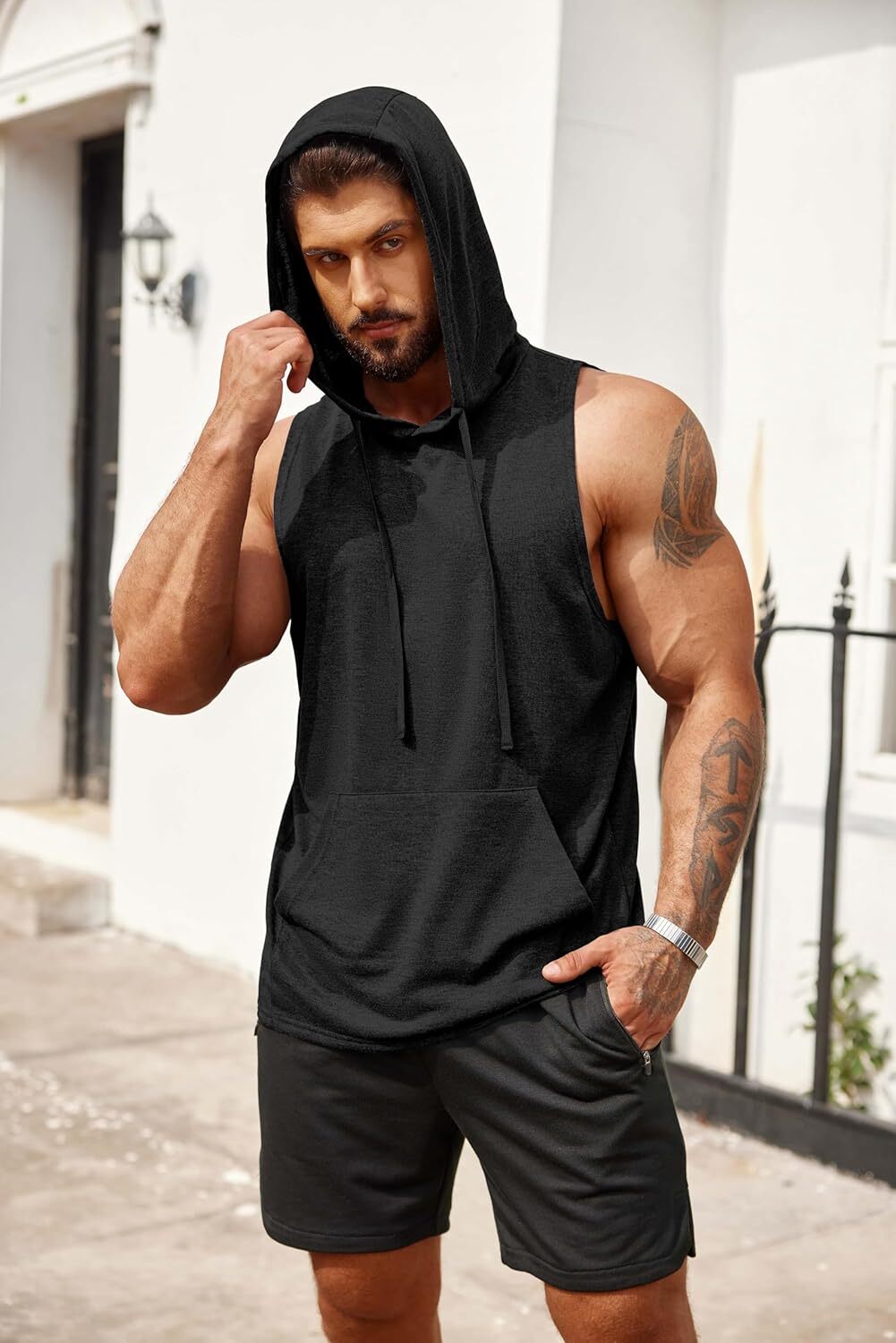 Men's Workout Hooded Tank Tops Bodybuilding Muscle Cut Off T Shirt Sleeveless Gym Hoodies