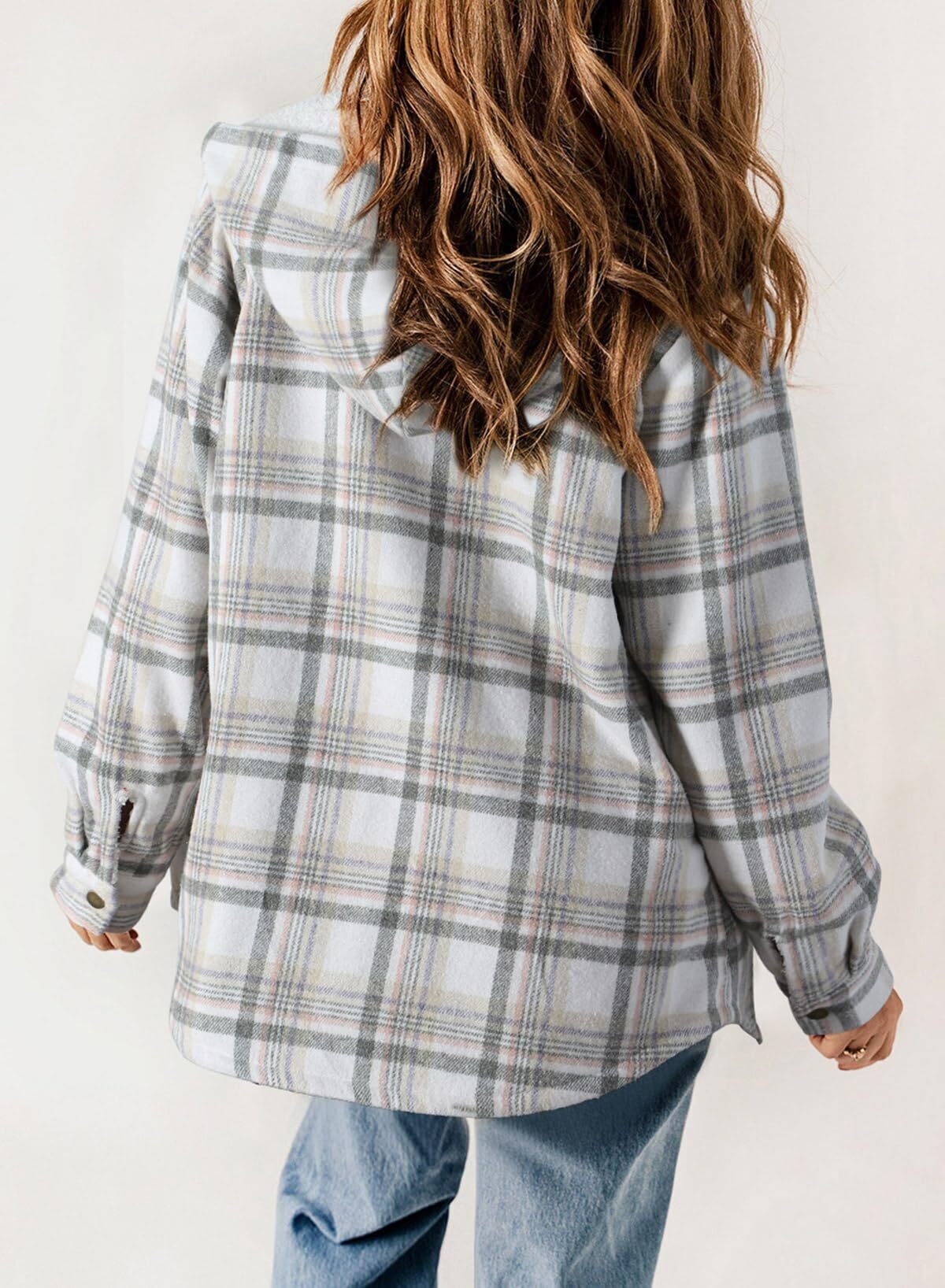 Women's Plaid Long Sleeve Button Fleece Hooded Jacket With Pockets