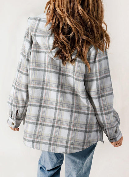 Women's Plaid Long Sleeve Button Fleece Hooded Jacket With Pockets