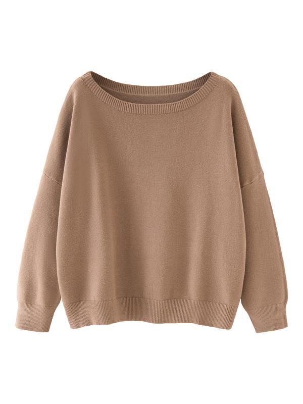 Women's Chic Plain Scoop Neck Knitted Long Sleeve Sweater, Lady Basic Comfort Drop Shoulder Crewneck Knitting Back To School Jumper, 2024 Knitwear Clothes, Womenswear