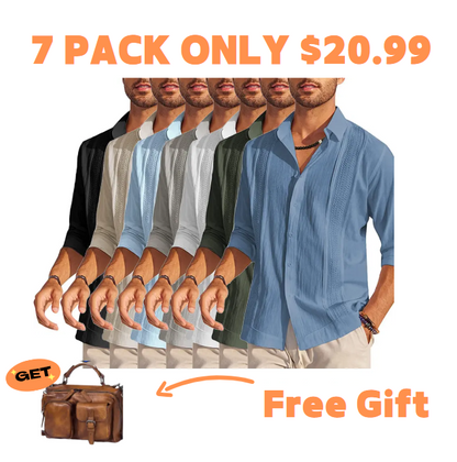 7-Pack Men's Cuban Shirts Long Sleeve Casual Button Down Shirt Cotton Beach Tops💖Buy two packs for free shipping💖