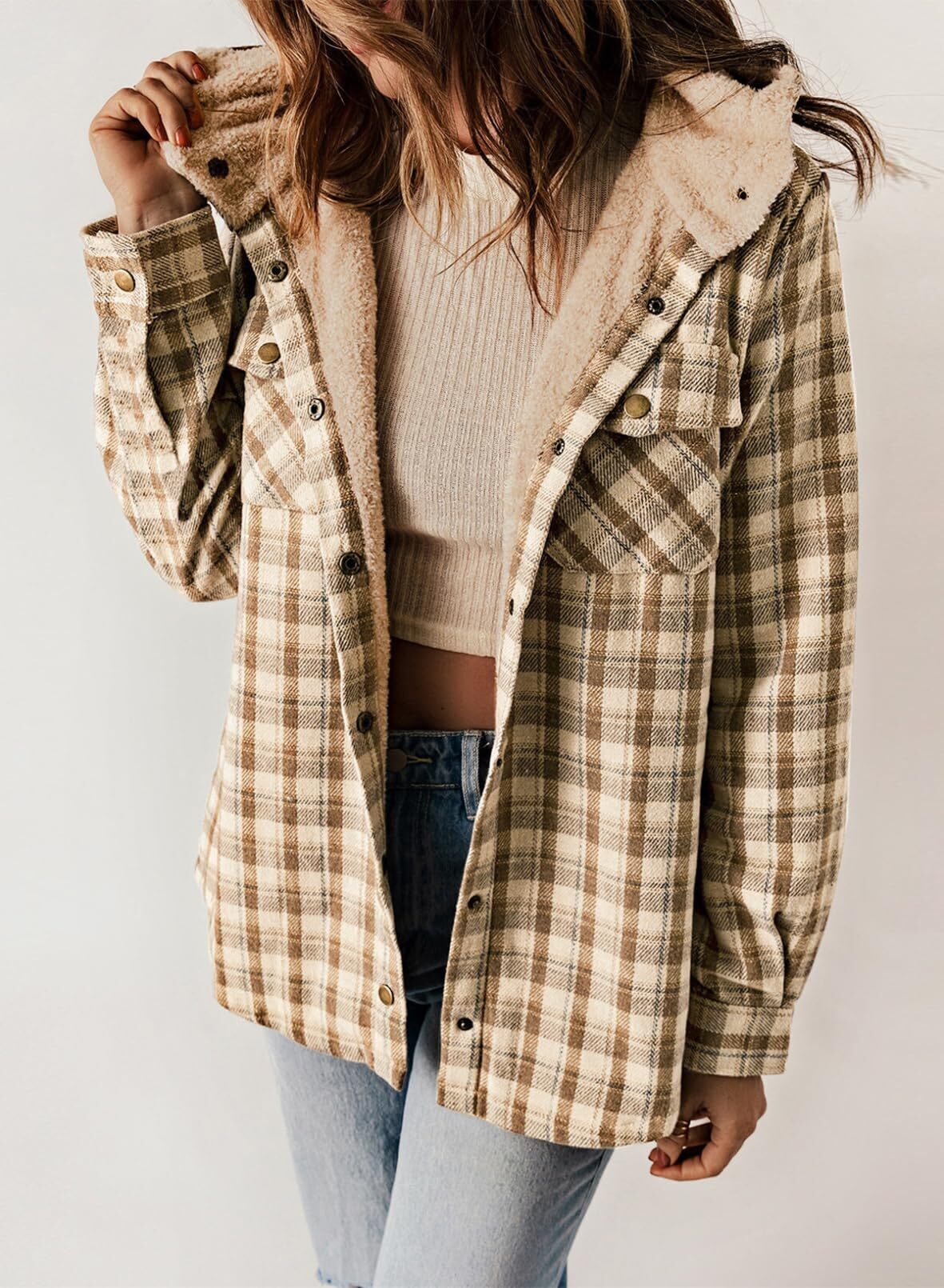 Women's Plaid Long Sleeve Button Fleece Hooded Jacket With Pockets