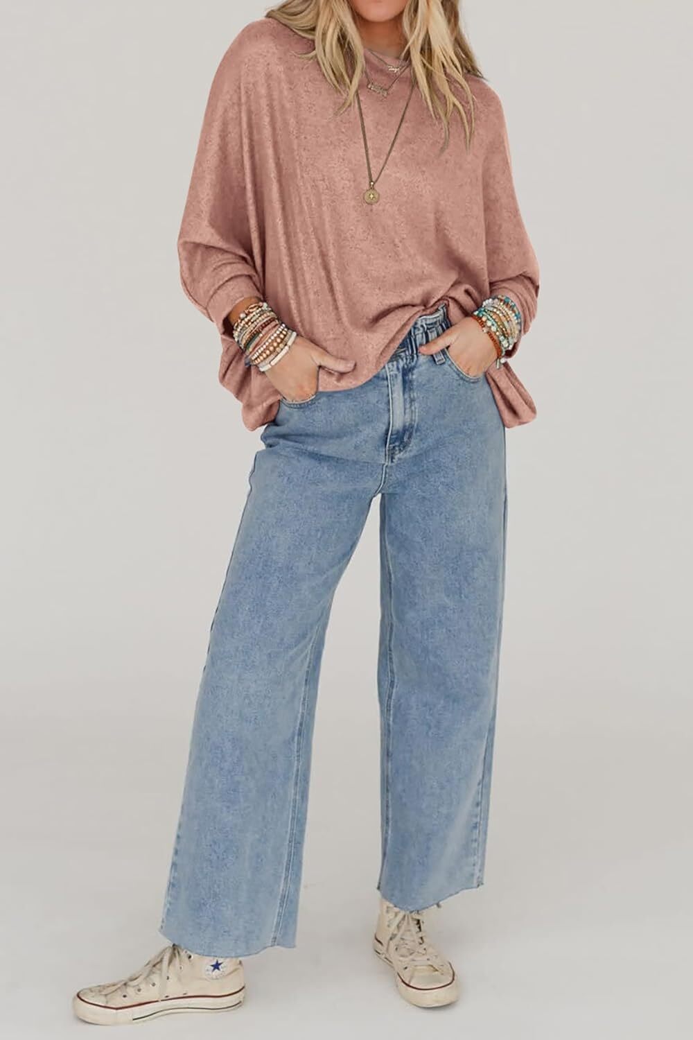 Women's Fall Sweaters 2024 Casual Oversize Pullover Batwing Long Sleeve Drop Shoulder Sweater Loose Knit Jumper Tops