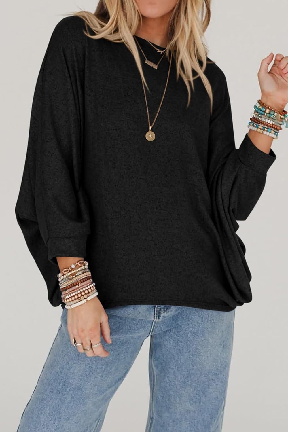 Women's Fall Sweaters 2024 Casual Oversize Pullover Batwing Long Sleeve Drop Shoulder Sweater Loose Knit Jumper Tops