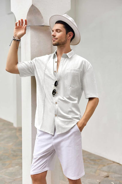 Mens Beach Linen Shirts Short Sleeve Cuban Button Down Casual Summer T Shirt Guayabera Hawaiian Tee Loose Fit Tops(💖Buy two, free shipping)