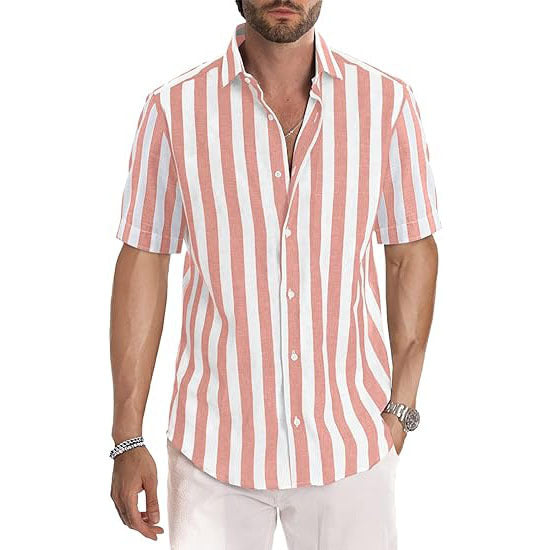 Casual Short Sleeve Button-Up Striped Cotton Shirts