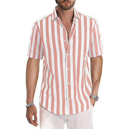 Casual Short Sleeve Button-Up Striped Cotton Shirts