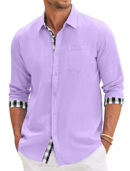 10-PARK Men's Cotton Aand Linen Simple Basic Plaid Pocket Classic Long-Sleeved Shirt