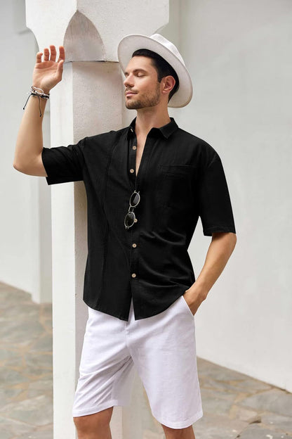 Mens Beach Linen Shirts Short Sleeve Cuban Button Down Casual Summer T Shirt Guayabera Hawaiian Tee Loose Fit Tops(💖Buy two, free shipping)