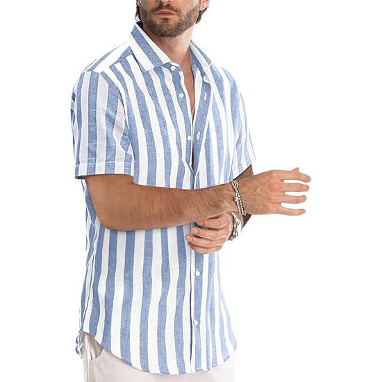 Casual Short Sleeve Button-Up Striped Cotton Shirts
