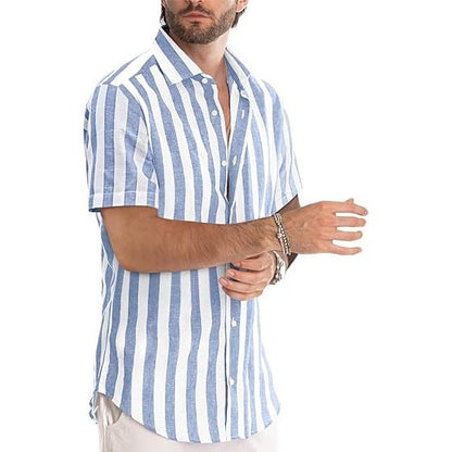 Casual Short Sleeve Button-Up Striped Cotton Shirts