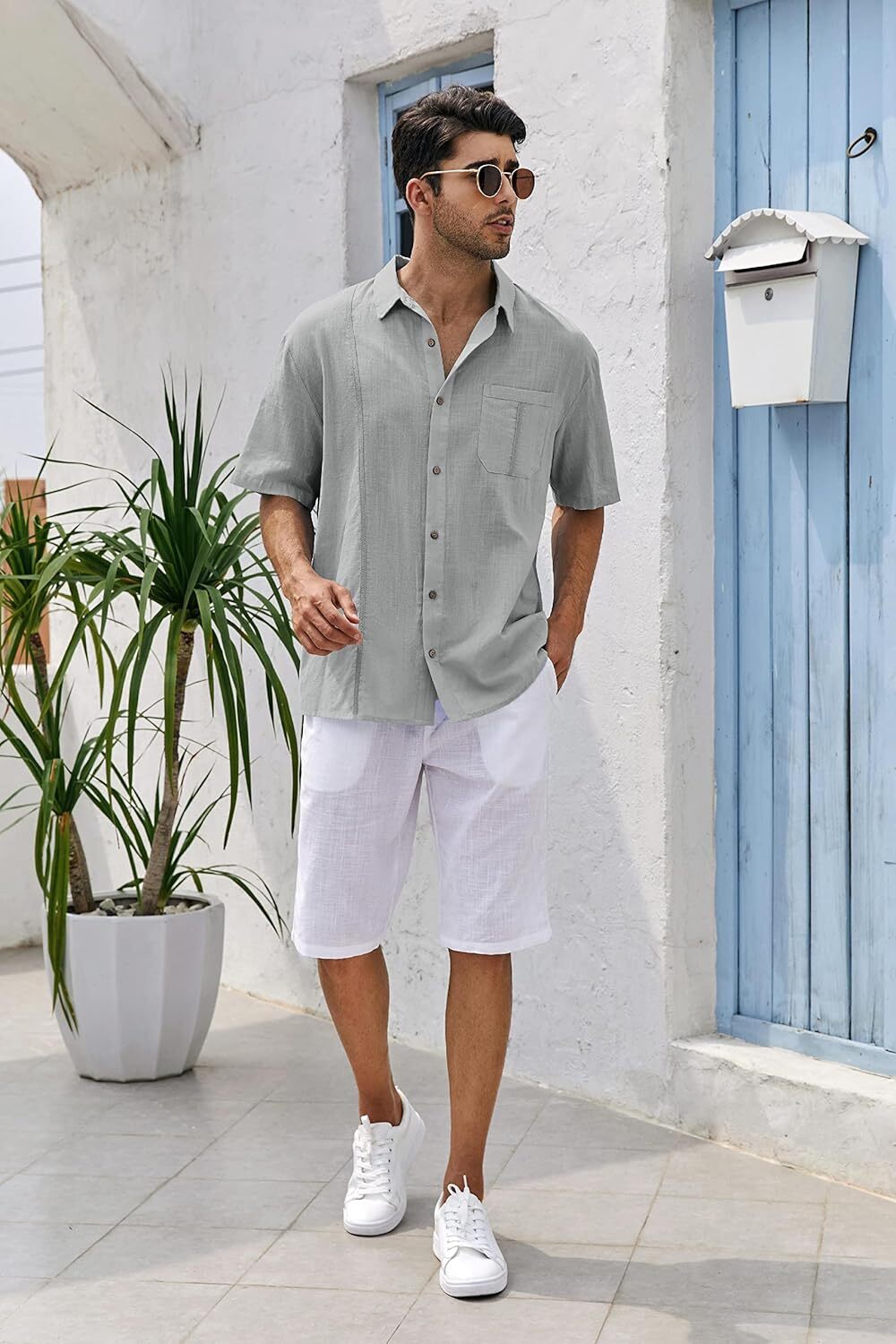 Mens Beach Linen Shirts Short Sleeve Cuban Button Down Casual Summer T Shirt Guayabera Hawaiian Tee Loose Fit Tops(💖Buy two, free shipping)