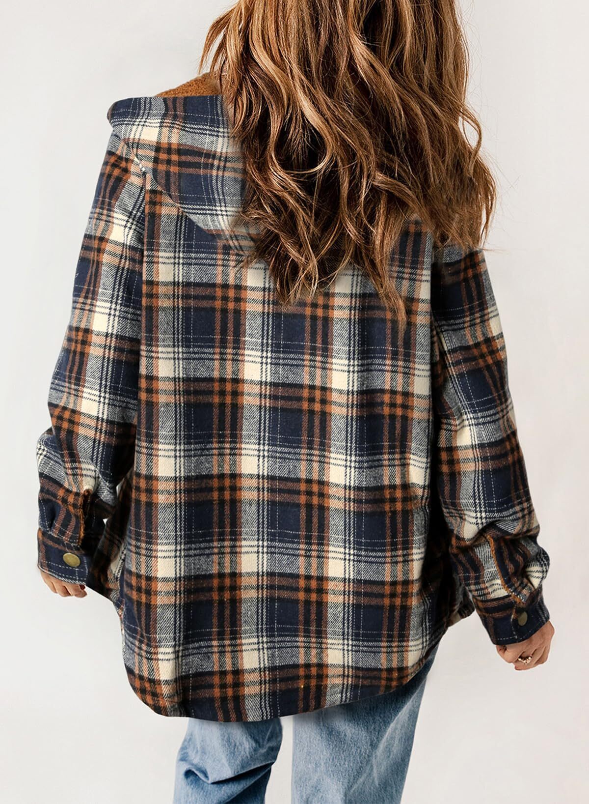 Women's Plaid Long Sleeve Button Fleece Hooded Jacket With Pockets