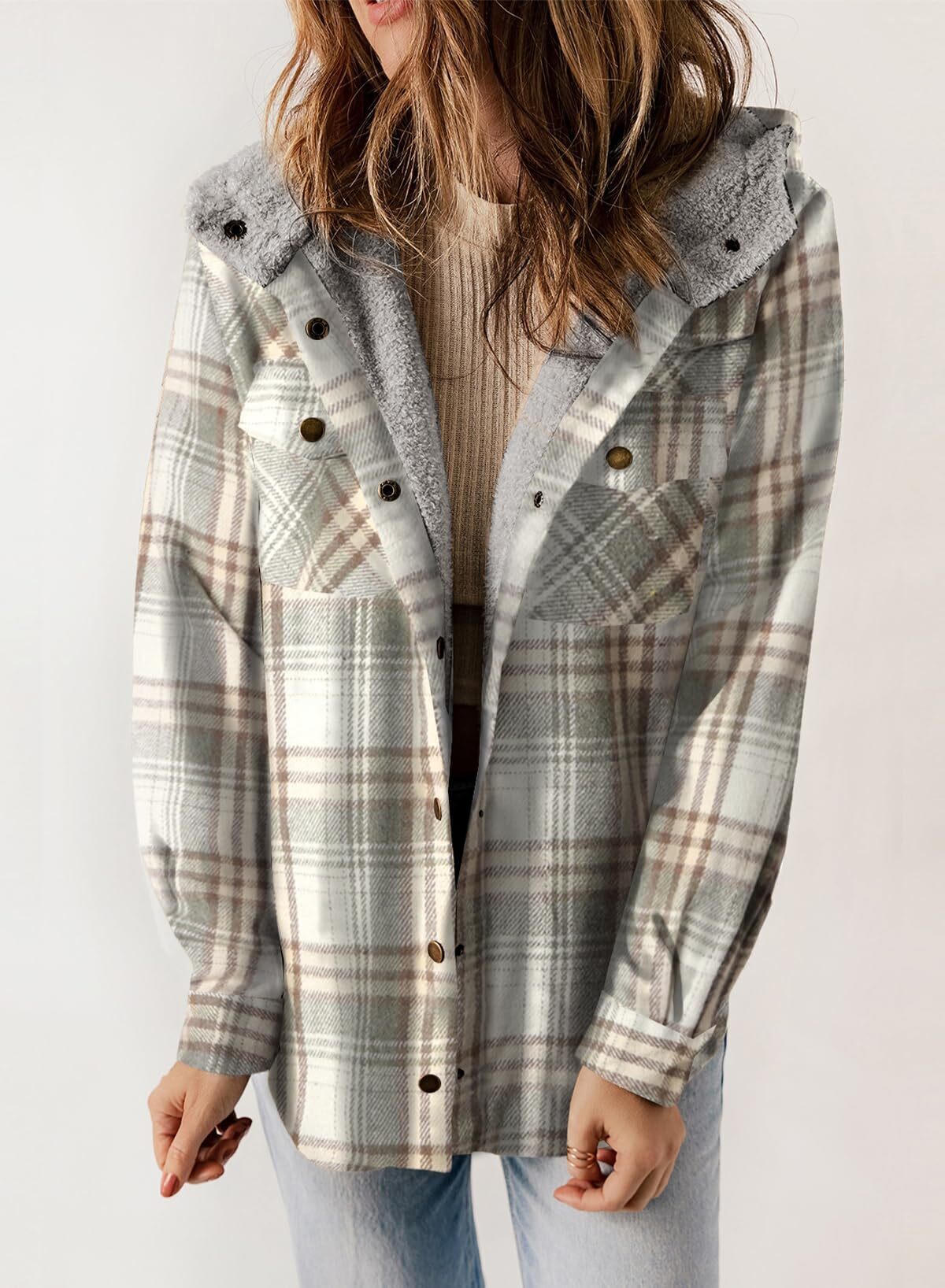 Women's Plaid Long Sleeve Button Fleece Hooded Jacket With Pockets