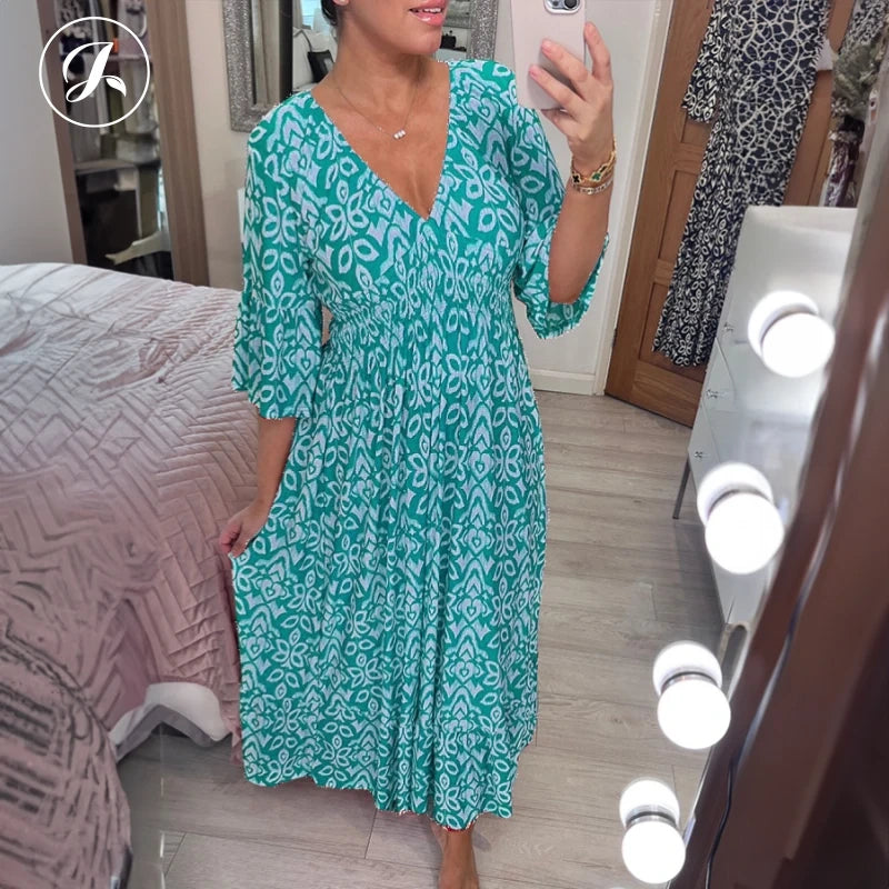 🔥2024 New Sale💖Bohemian casual print V-neck shirred waist long dresses