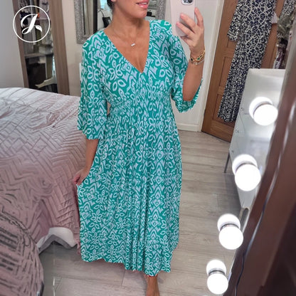 🔥2024 New Sale💖Bohemian casual print V-neck shirred waist long dresses