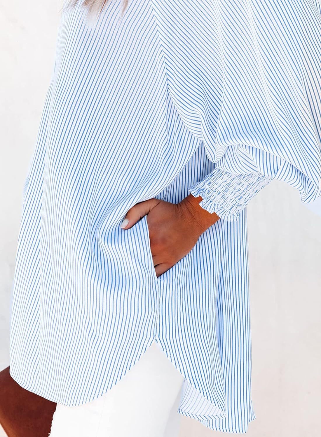 Women's Smocked Cuffed Striped Boyfriend Shirt with Pocket Casual Collar Long Sleeve Blouse Tops for Pocket Shirred.Clearance Items 2024
