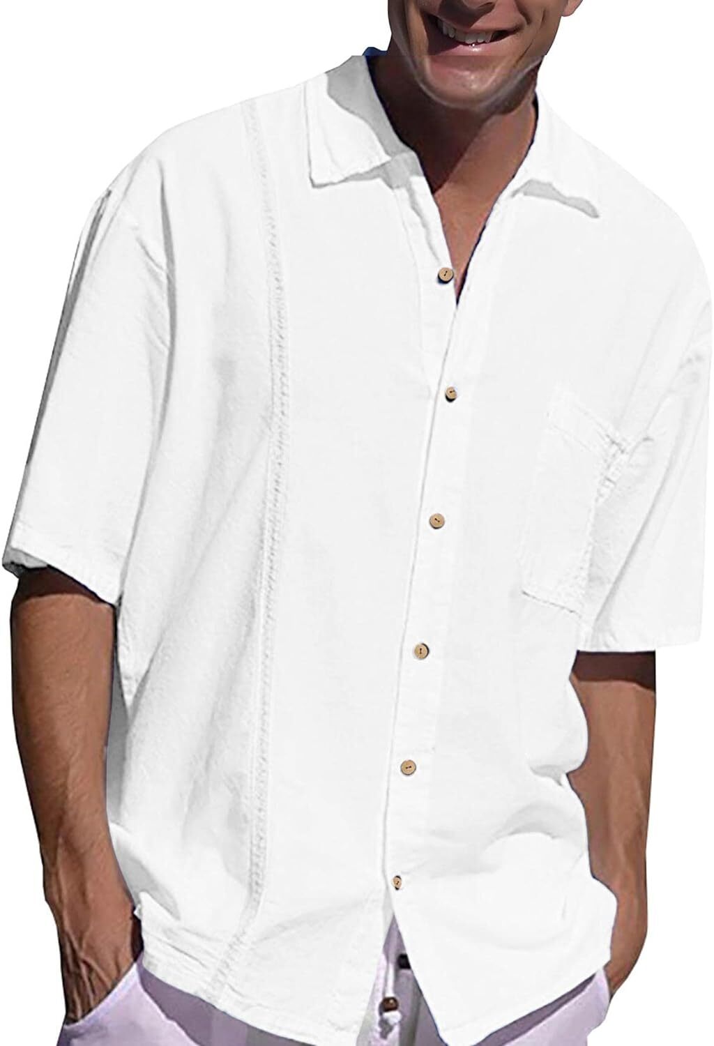 Mens Beach Linen Shirts Short Sleeve Cuban Button Down Casual Summer T Shirt Guayabera Hawaiian Tee Loose Fit Tops(💖Buy two, free shipping)