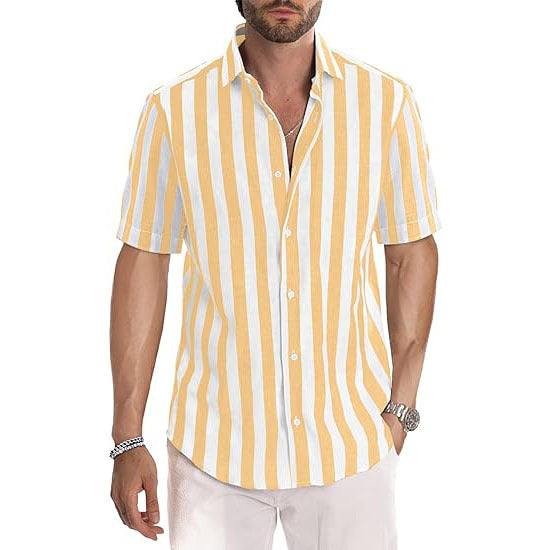 Casual Short Sleeve Button-Up Striped Cotton Shirts