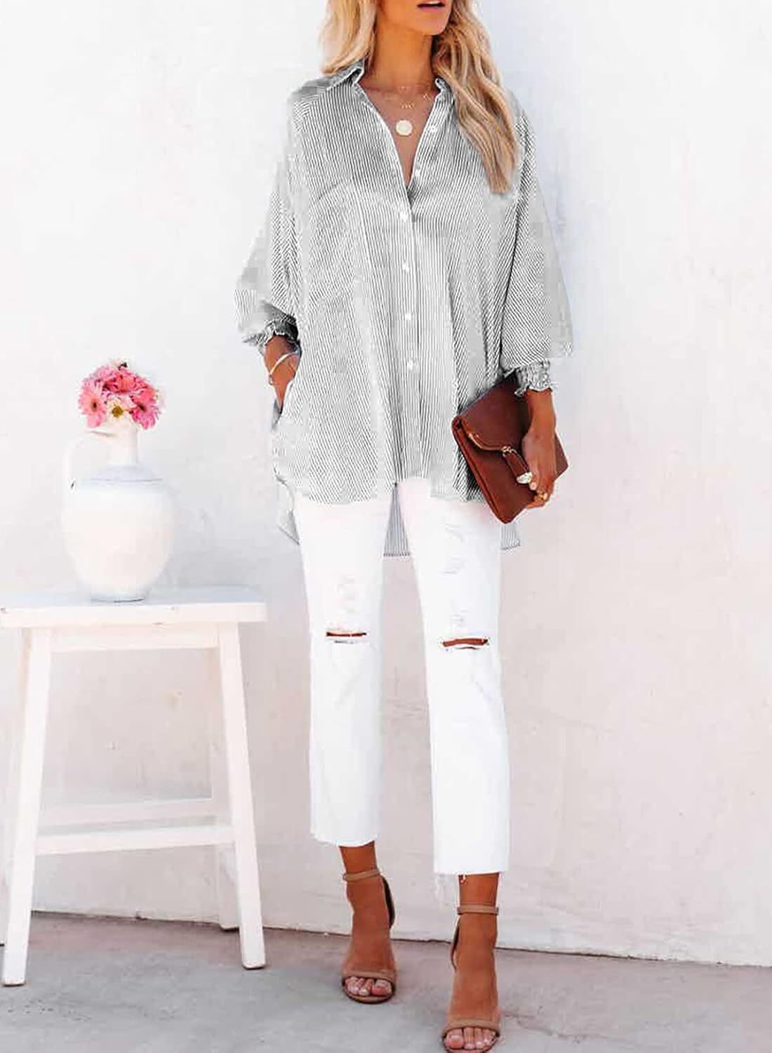 Women's Smocked Cuffed Striped Boyfriend Shirt with Pocket Casual Collar Long Sleeve Blouse Tops for Pocket Shirred.Clearance Items 2024