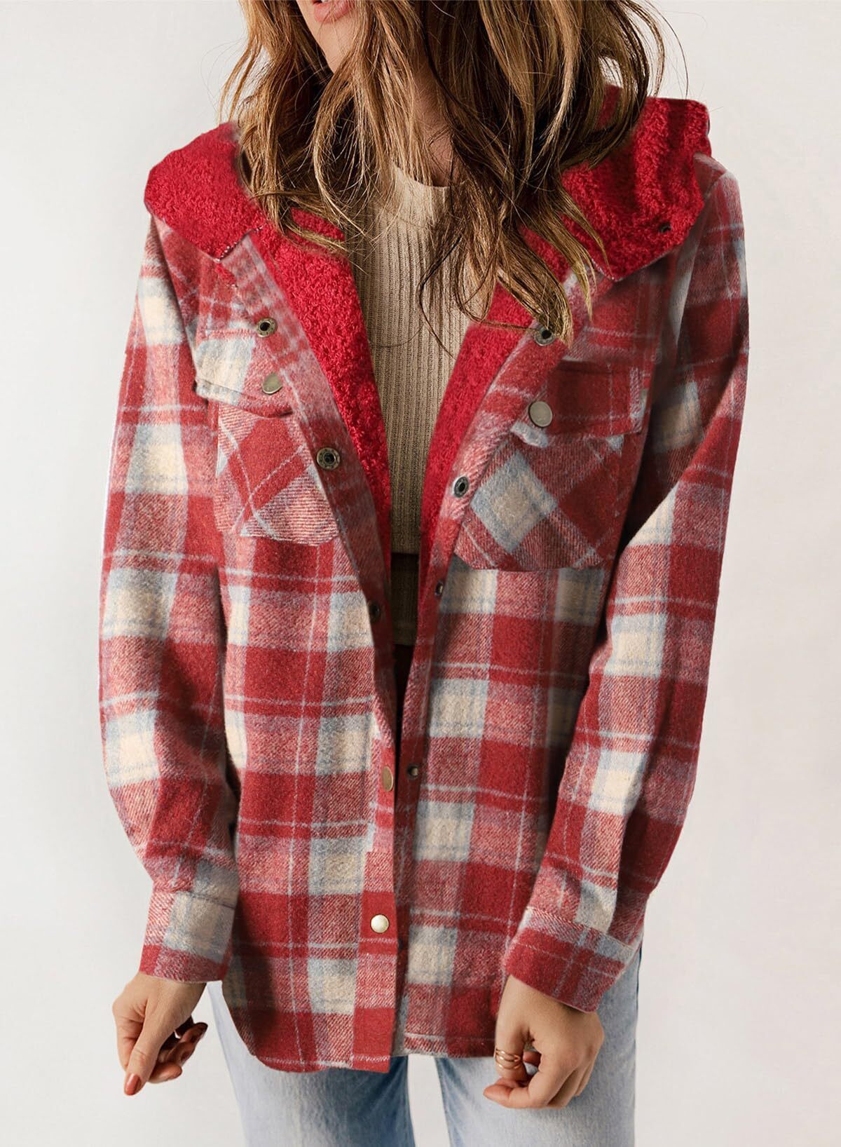 Women's Plaid Long Sleeve Button Fleece Hooded Jacket With Pockets