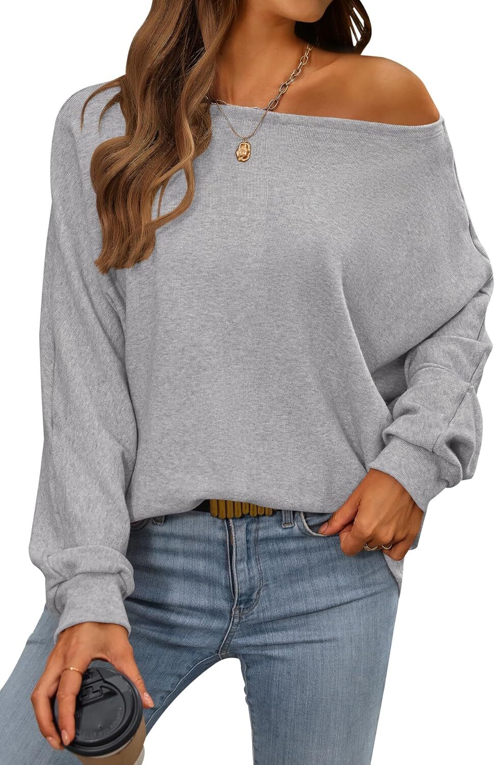 Women's Fall Sweaters 2024 Casual Oversize Pullover Batwing Long Sleeve Drop Shoulder Sweater Loose Knit Jumper Tops