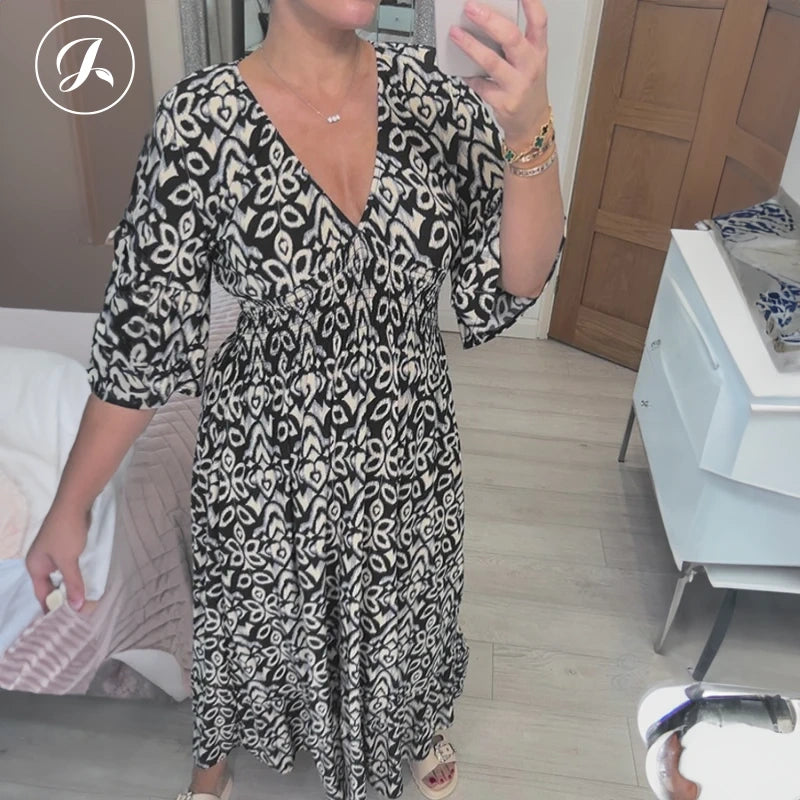 🔥2024 New Sale💖Bohemian casual print V-neck shirred waist long dresses