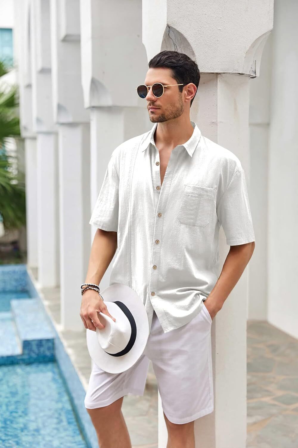 Mens Beach Linen Shirts Short Sleeve Cuban Button Down Casual Summer T Shirt Guayabera Hawaiian Tee Loose Fit Tops(💖Buy two, free shipping)