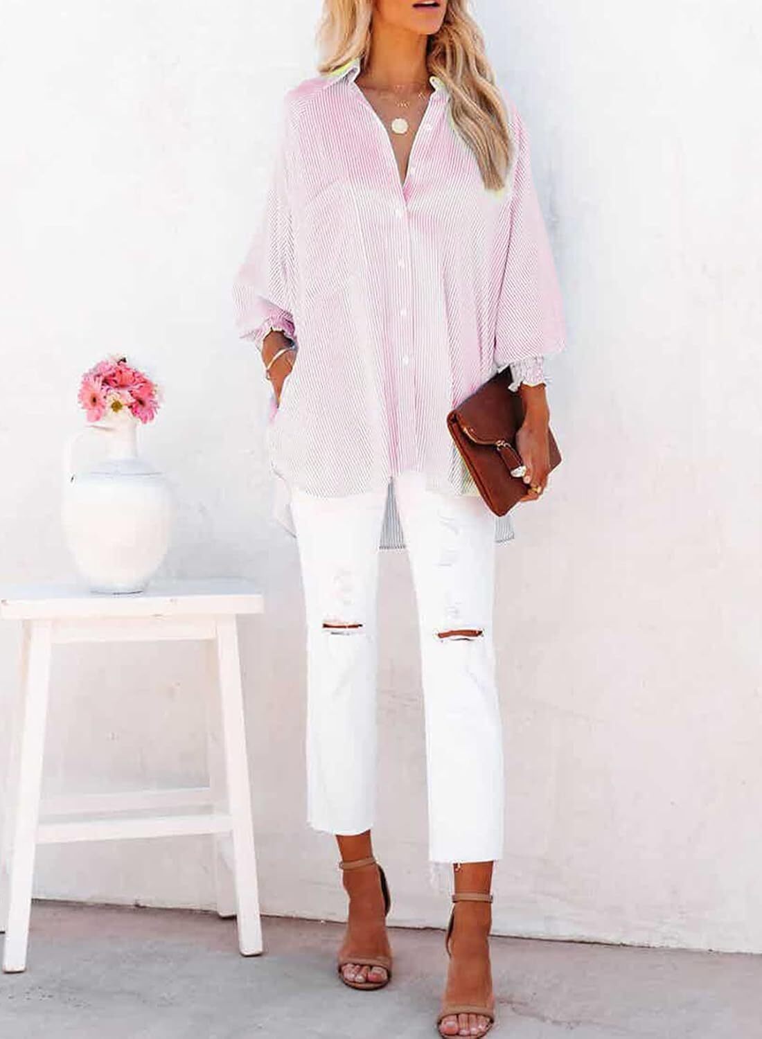 Women's Smocked Cuffed Striped Boyfriend Shirt with Pocket Casual Collar Long Sleeve Blouse Tops for Pocket Shirred.Clearance Items 2024