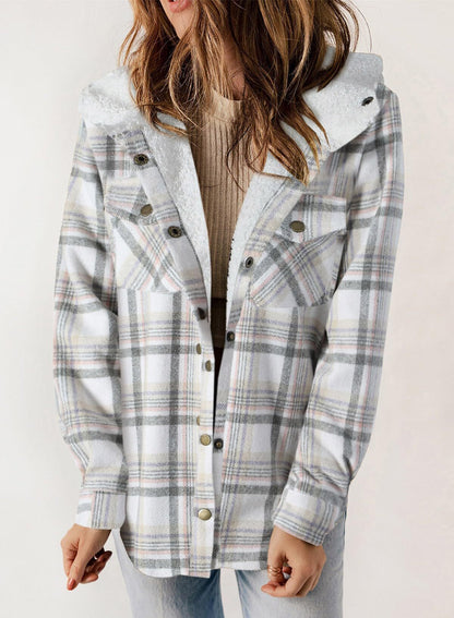 Women's Plaid Long Sleeve Button Fleece Hooded Jacket With Pockets