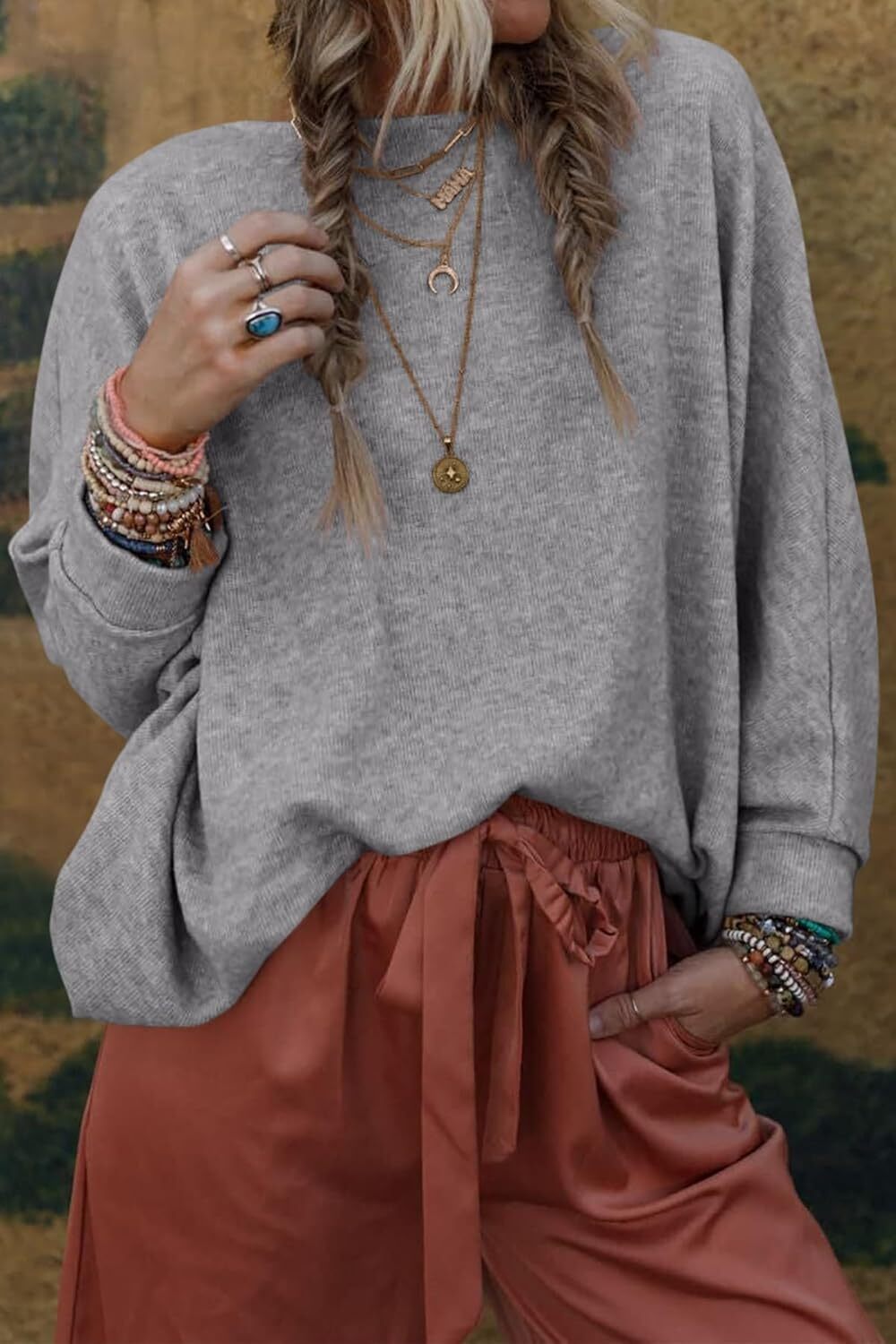 Women's Fall Sweaters 2024 Casual Oversize Pullover Batwing Long Sleeve Drop Shoulder Sweater Loose Knit Jumper Tops