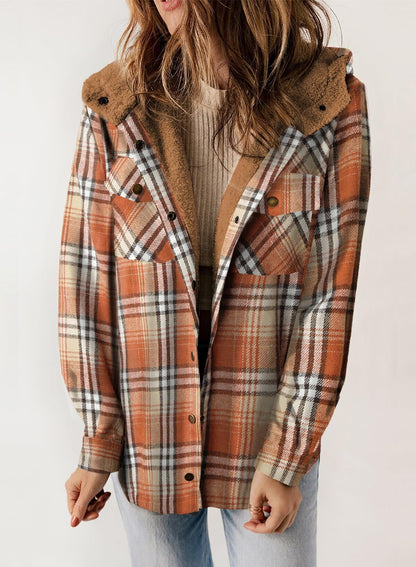Women's Plaid Long Sleeve Button Fleece Hooded Jacket With Pockets
