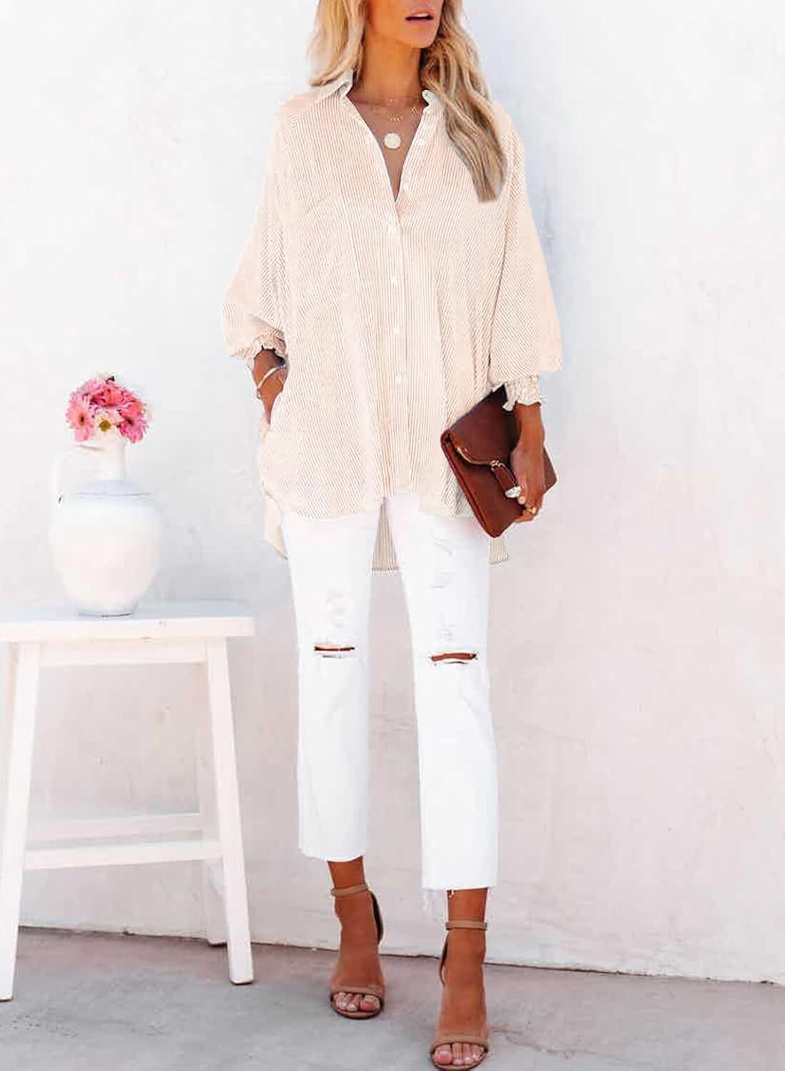 Women's Smocked Cuffed Striped Boyfriend Shirt with Pocket Casual Collar Long Sleeve Blouse Tops for Pocket Shirred.Clearance Items 2024