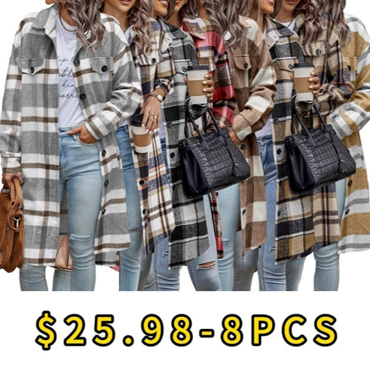 🔥$25.98 for 8 packs🔥Women's Plaid Shacket 2025 Long Sleeve Button Up Flannel Shirt Winter Tartan Jacket Woolen Coats